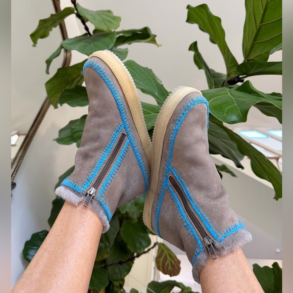 Free peopleNew LaidBack London Setsu Gray Suede blue crochet Shearling Cozy ❤️🎁 - Picture 3 of 10